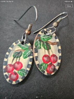 Hand-Painted Cherry Drop Earrings — Red & Green Fruit Motif